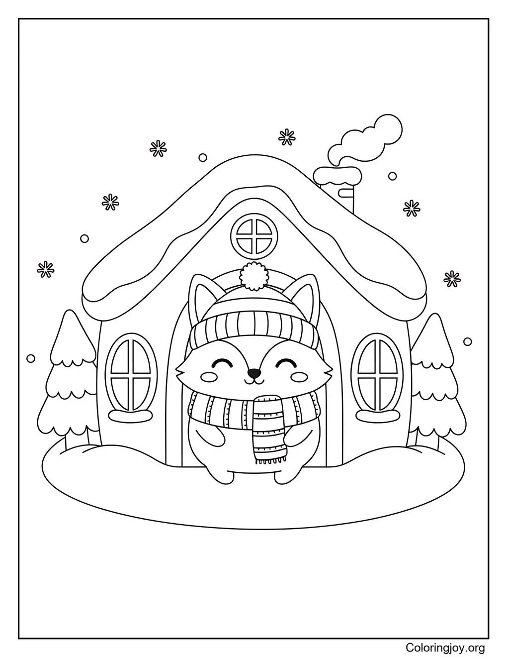 Dibujo para colorear cabaña de invierno