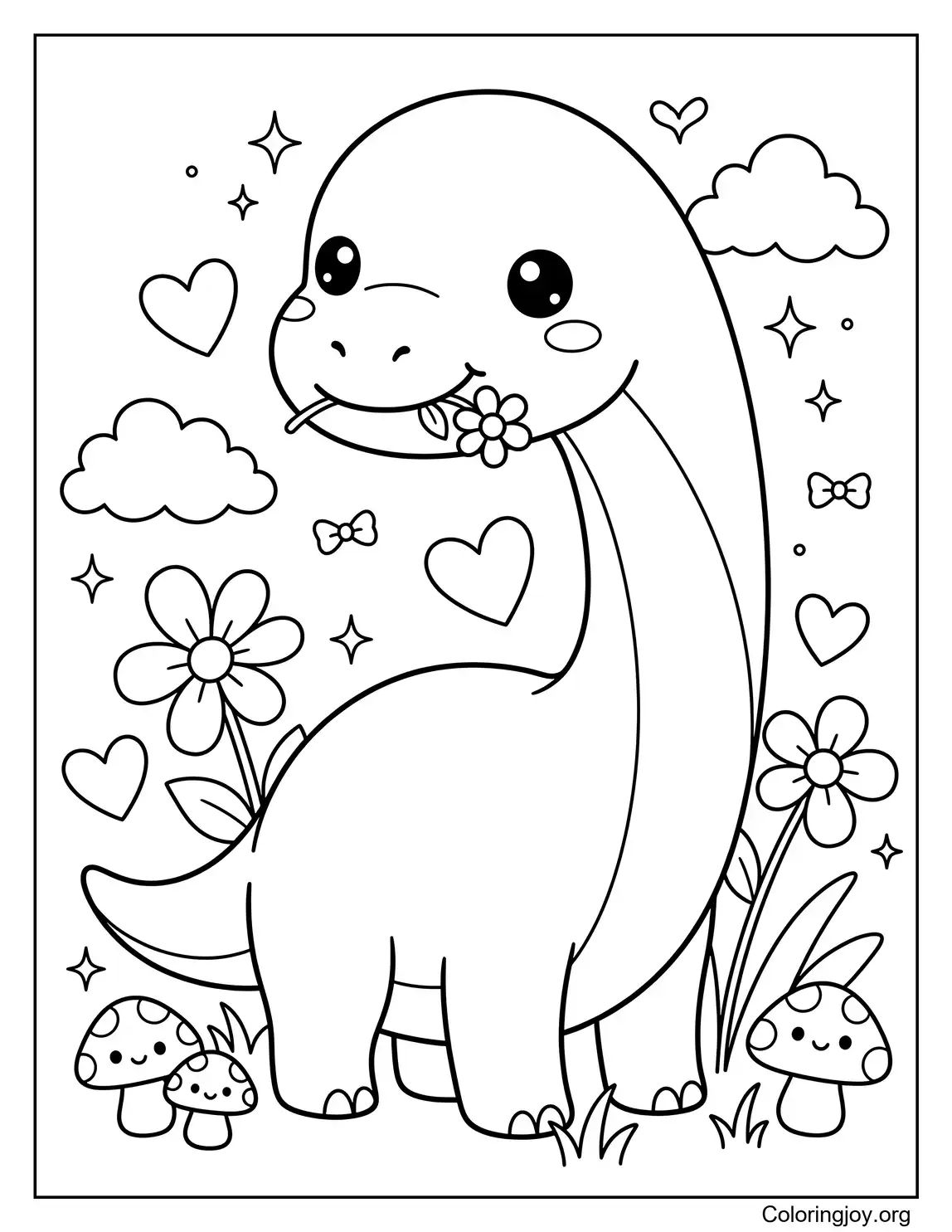 Chibi Kawaii Brachiosaurus With Flowers