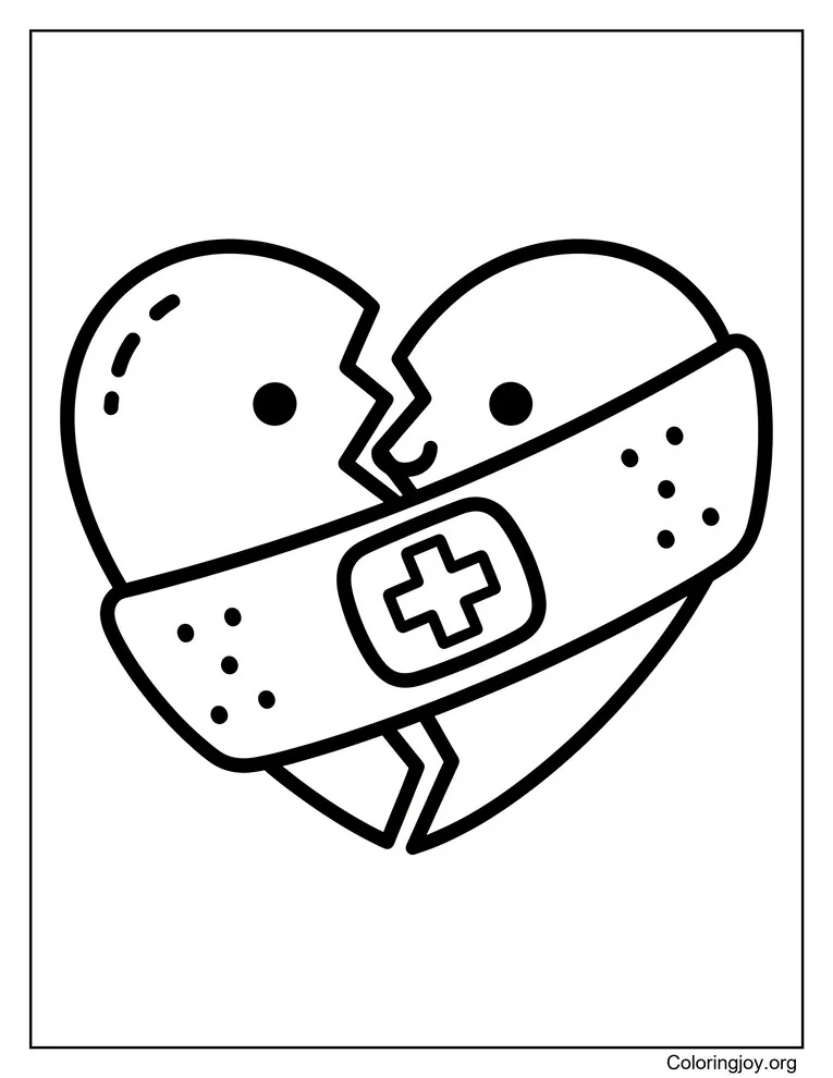 Página para colorear de corazón roto con vendaje