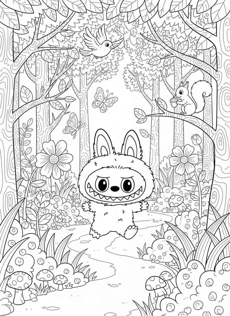 Labubu página para colorear bosque