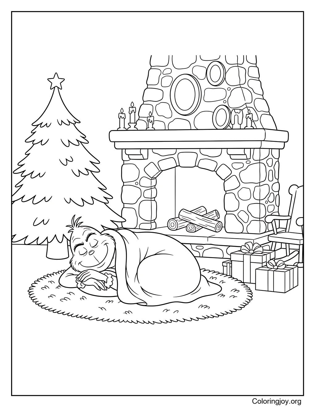 grinch sleeping by the fireplace