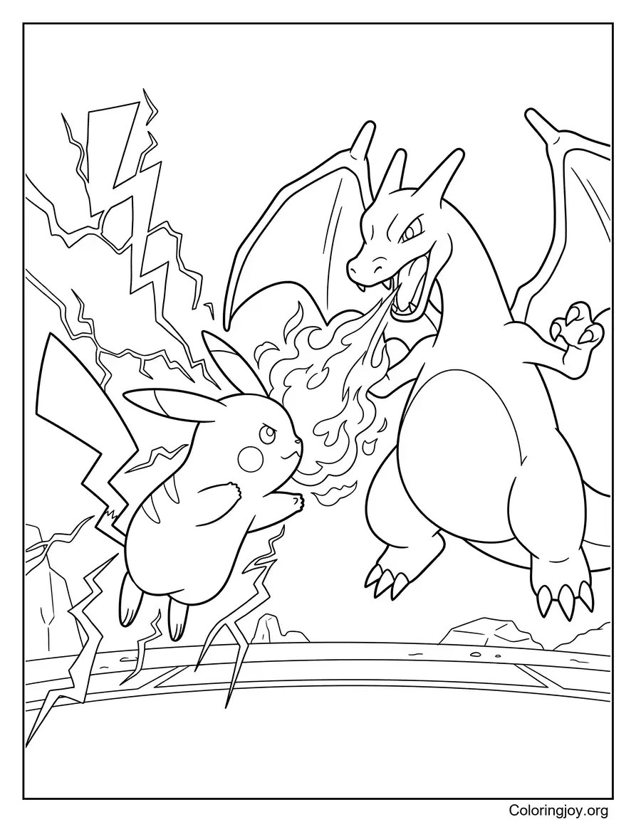 Pikachu Y la batalla de Charizard página para colorear
