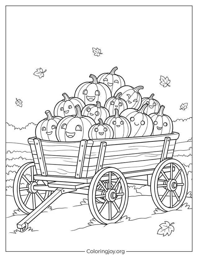 Carro de calabazas de la cosecha de otoño página para colorear