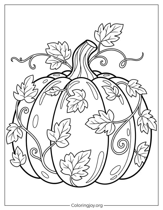 de calabaza de otoño con hojas página para colorear