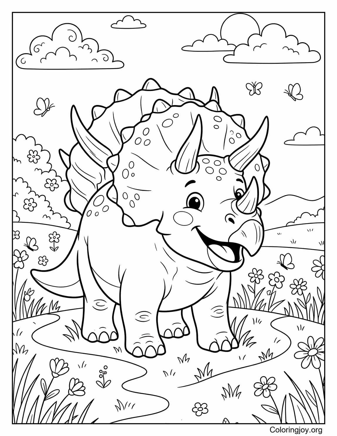 Cute Cartoon Triceratops Smiling in Meadow Coloring Sheet