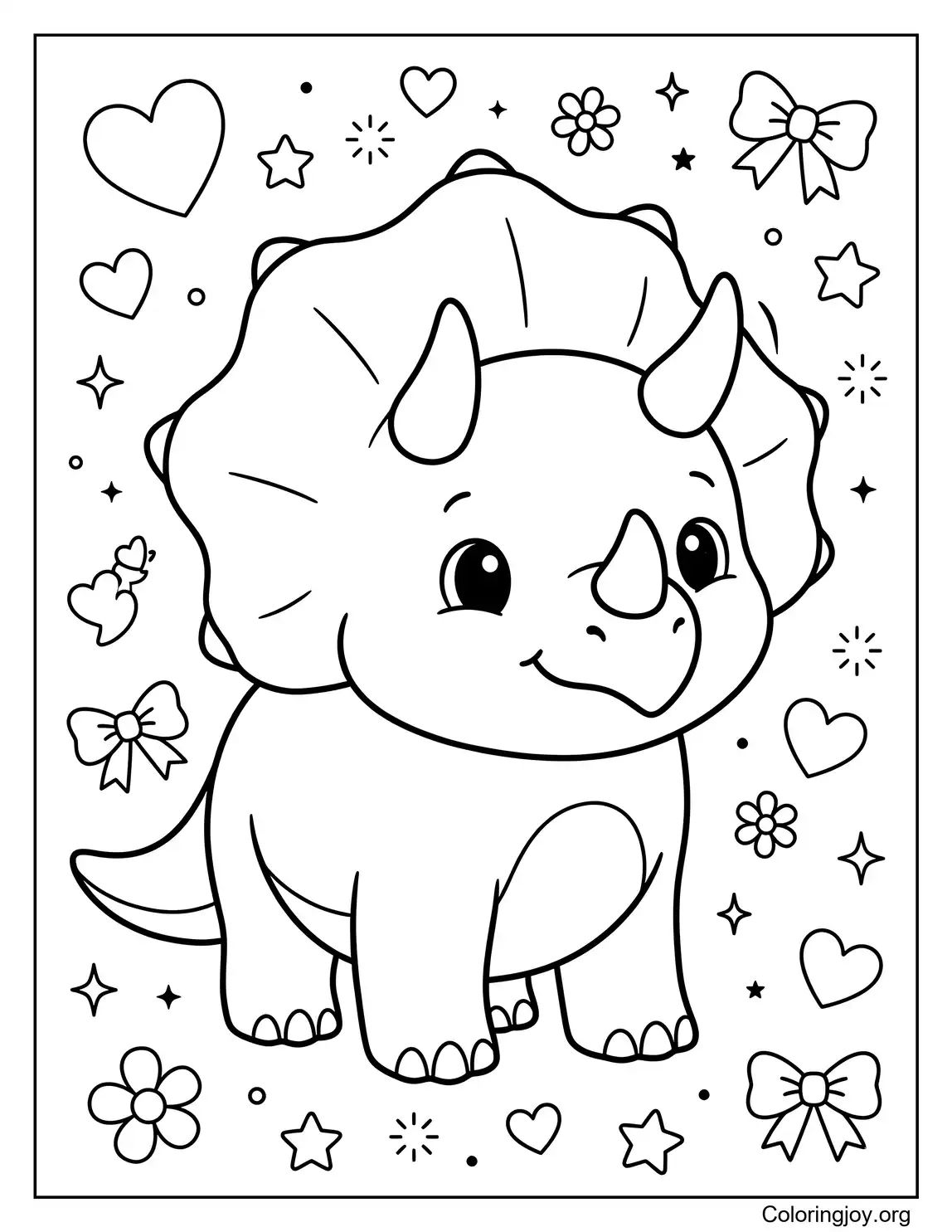 Cute Kawaii Triceratops With Hearts Coloring Page for Kids