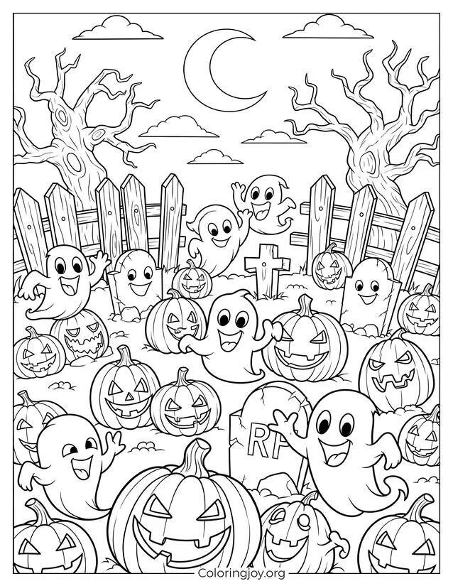Cementerio de calabazas embrujado página para colorear