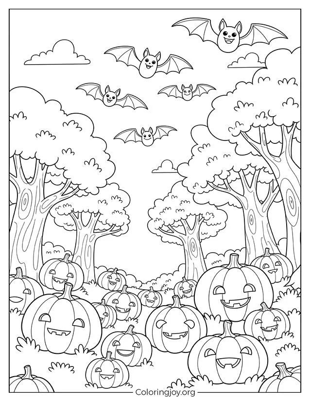 Actividad lúdica para colorear el bosque de calabazas página para colorear