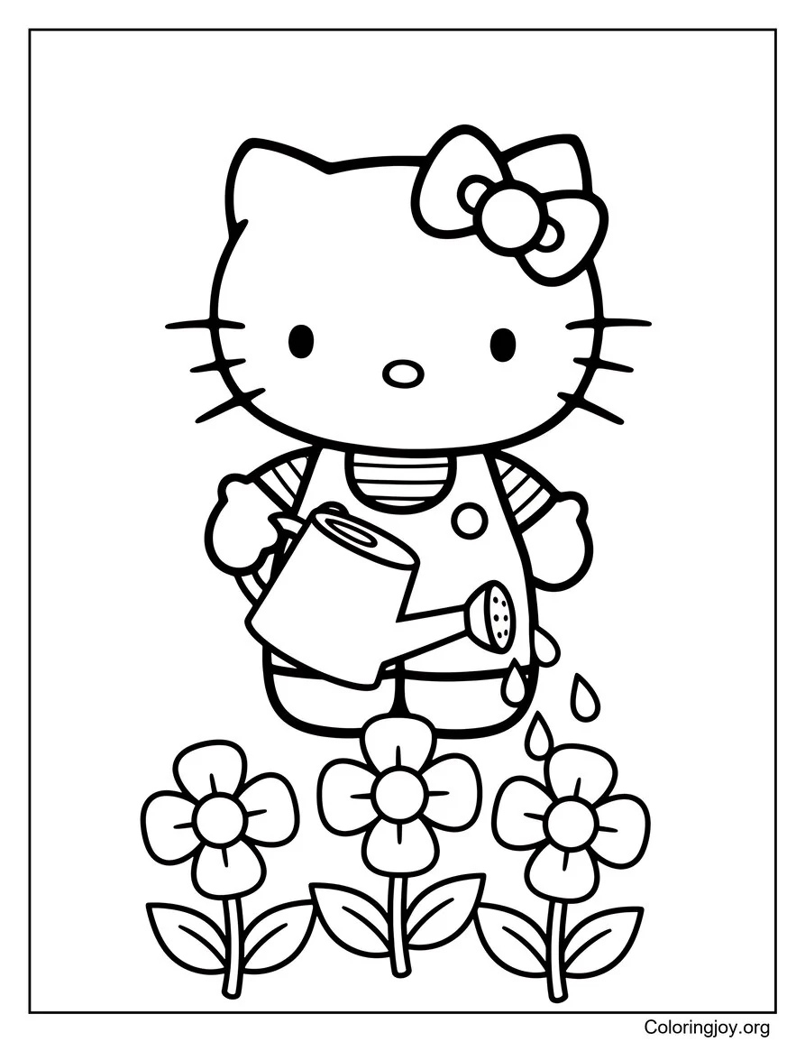 Hello Kitty Regar las flores del jardín página para colorear