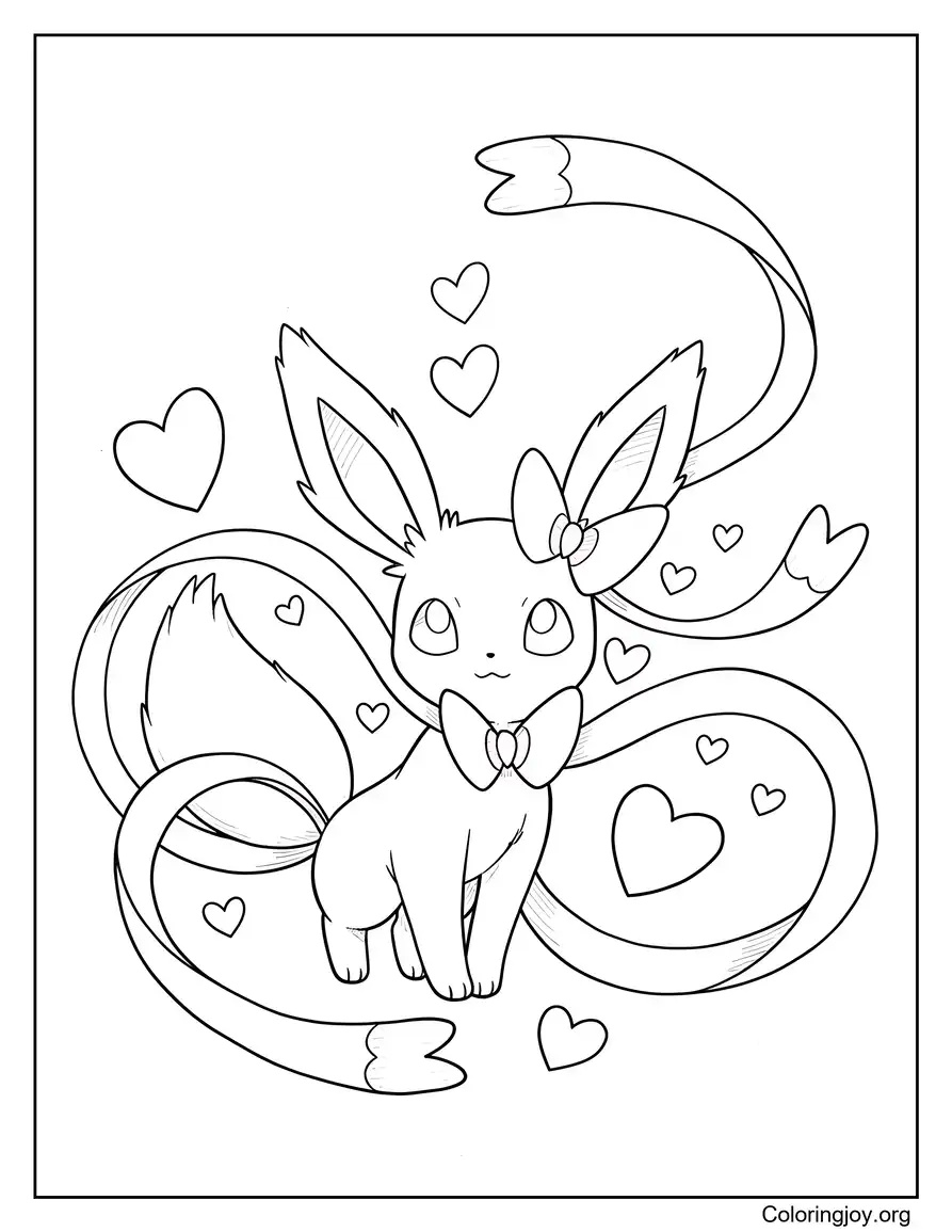 Lindade Sylveon con cintas y corazones página para colorear