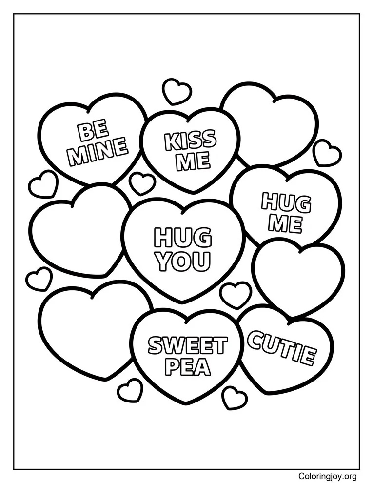 Página para colorear de corazones de caramelo de conversación