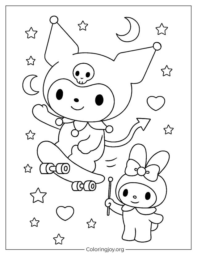 Ein verspielter Skateboard-Moment mit Kuromi und My Melody erwartet Sie.