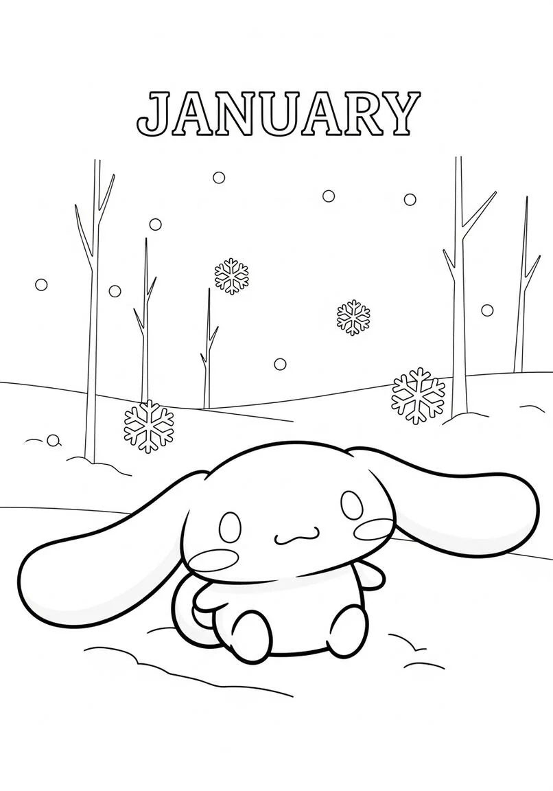 Página para colorear de Cinnamoroll Serene Winter Forest