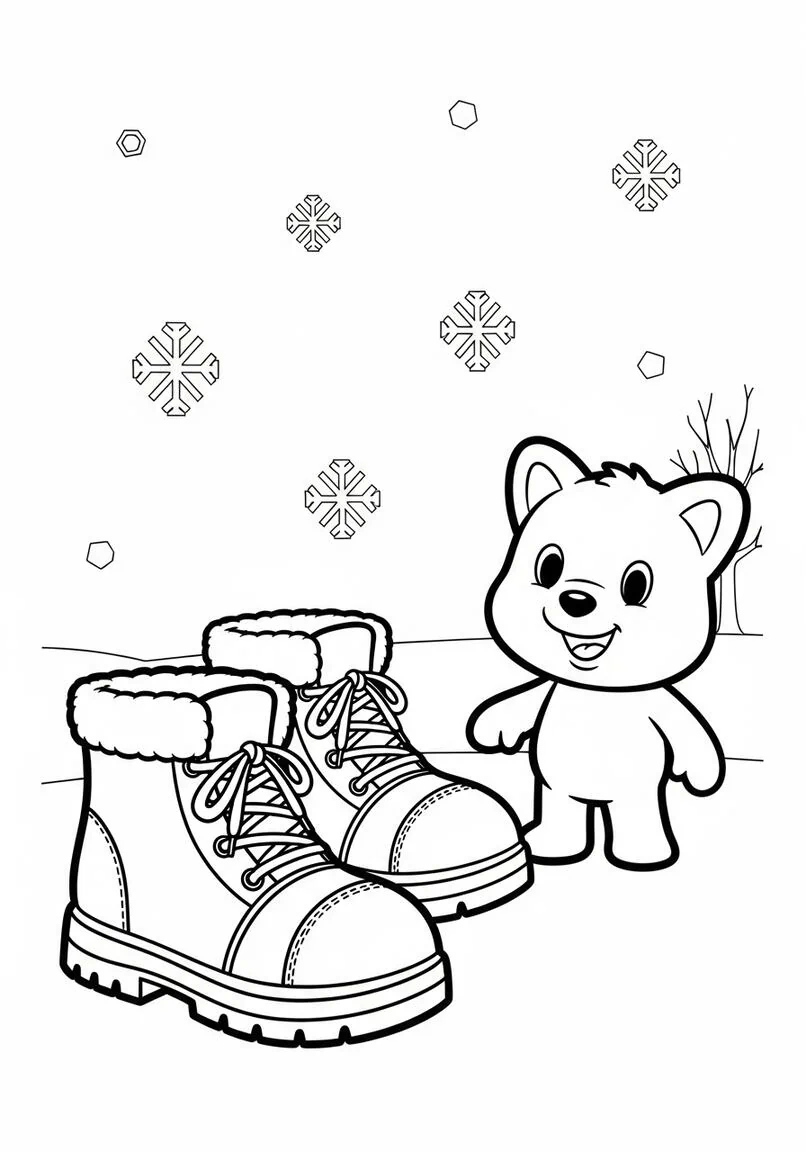 Página para colorear de botas de invierno del personaje juguetón Labubu