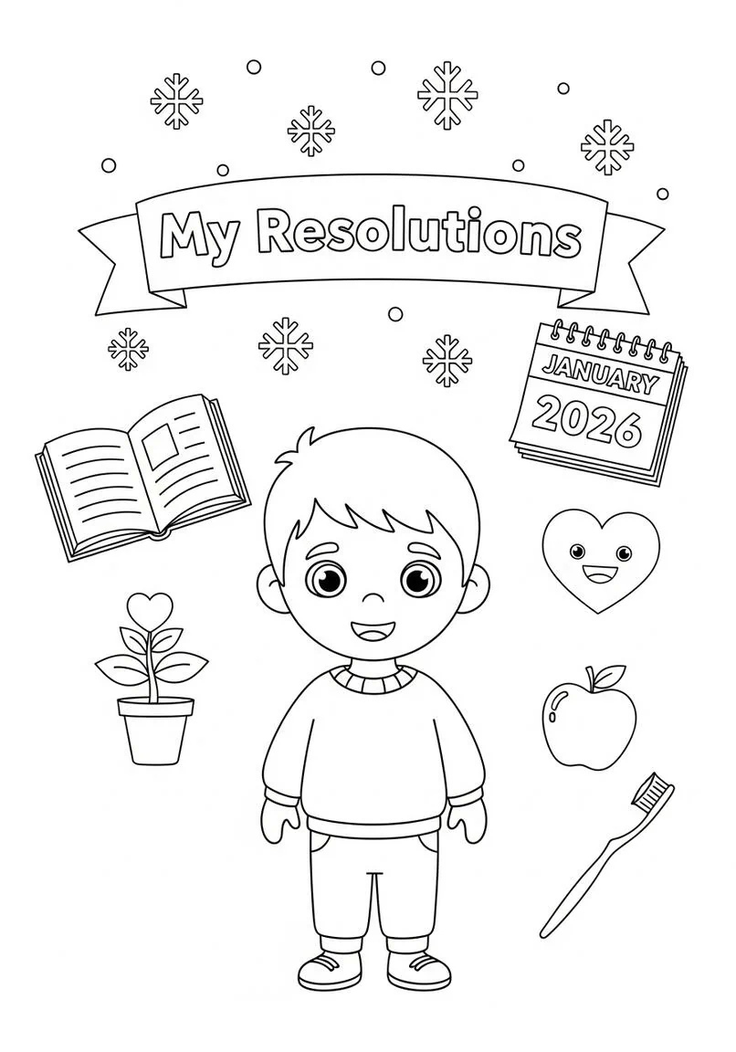 Página para colorear de aventuras de mis brillantes propósitos de año nuevo