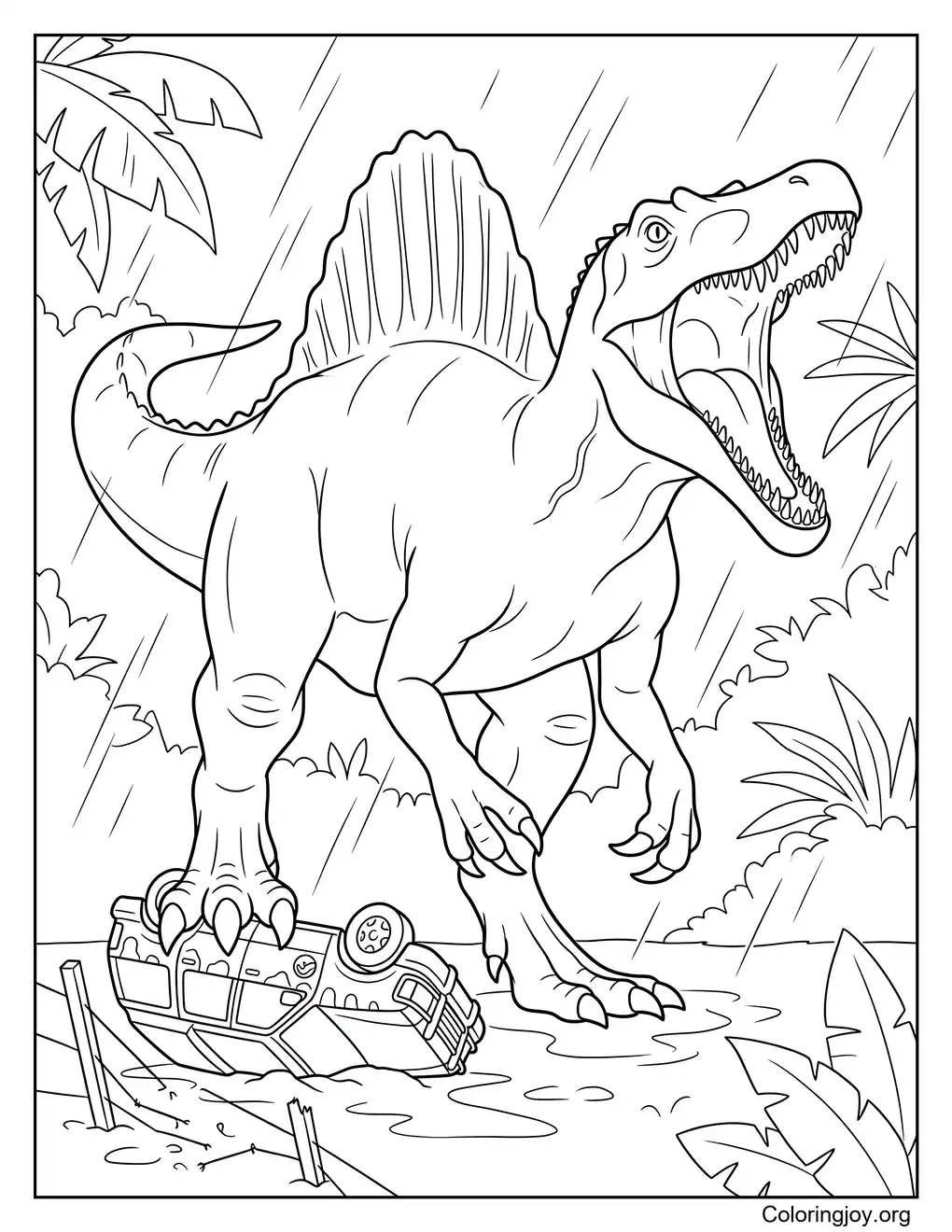 Malvorlage Spinosaurus-Angriff im Jurassic-Stil