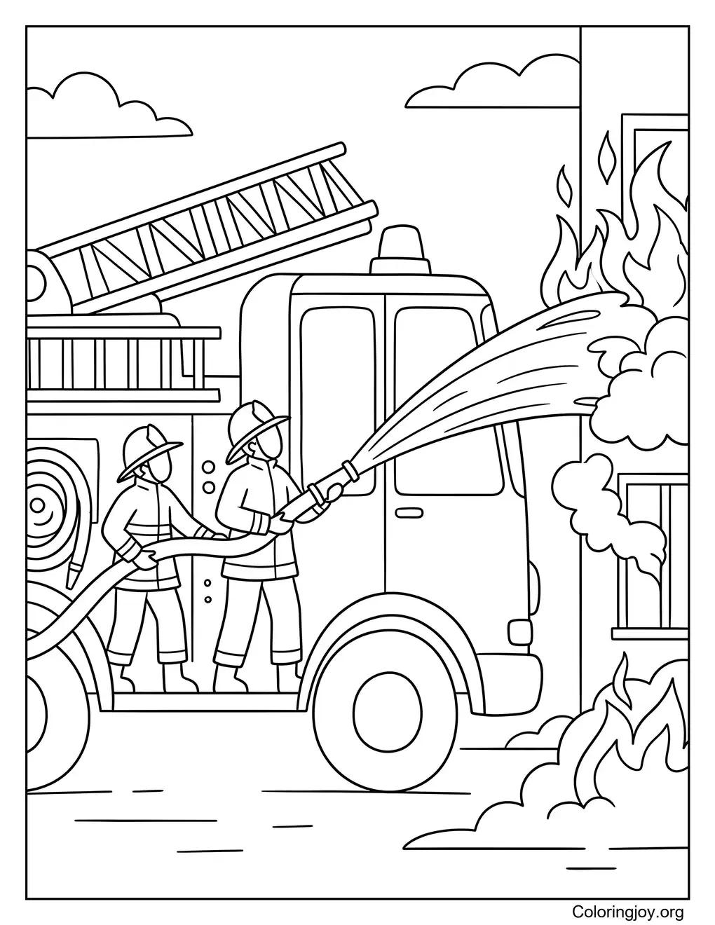 Coloriage camion de pompiers éteignant le feu