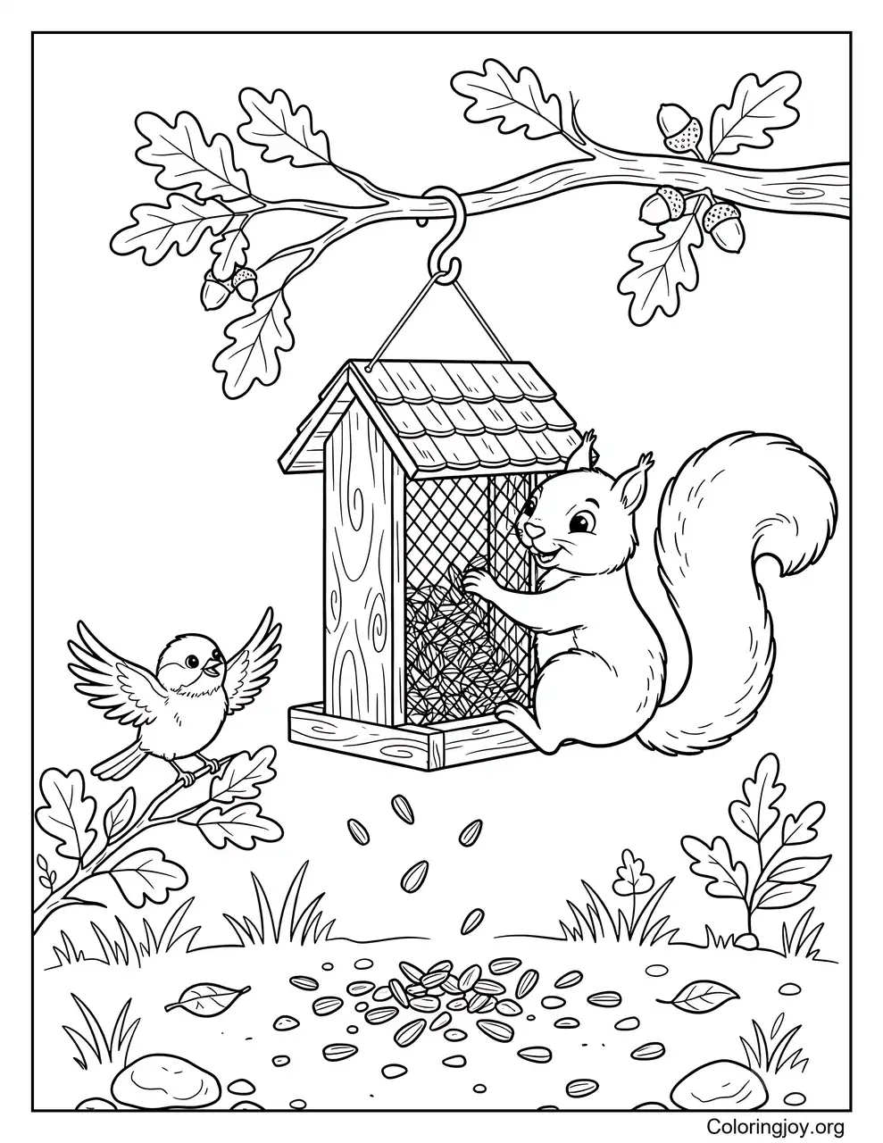 Raiding a Bird Feeder with a Squirrel coloring page