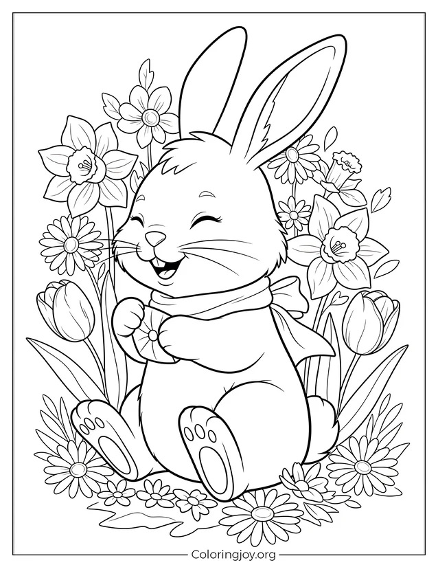 Detallado un conejito entre flores primaverales página para colorear