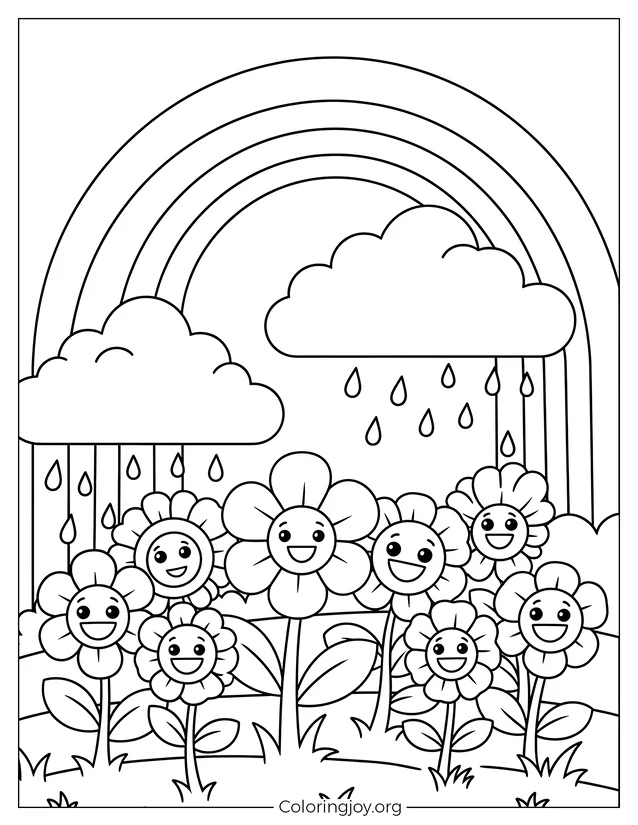 Escena primaveral fácil de colorear del arcoíris para niños