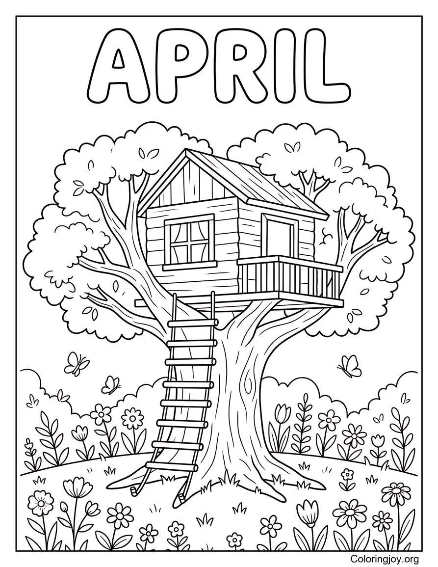 Acogedor jardín de la casa del árbol de abril