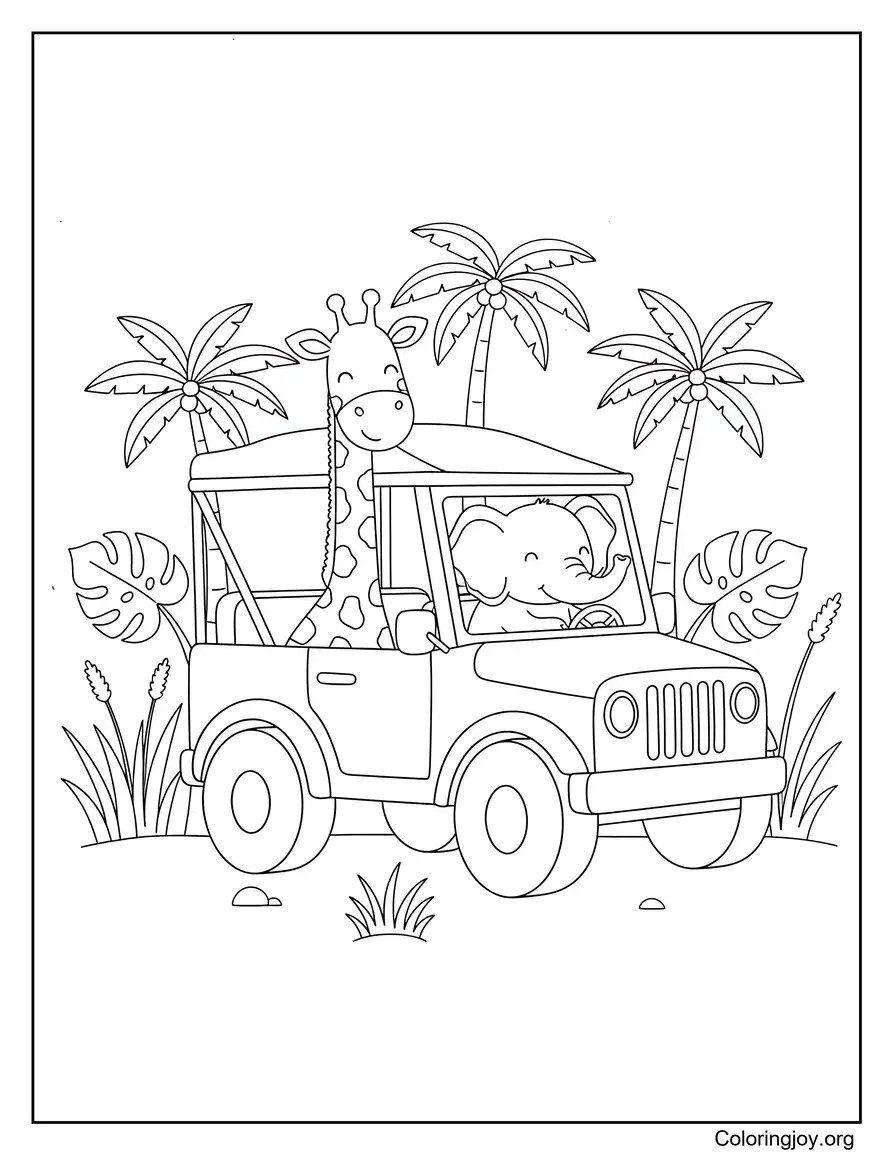 Safari Jeep with Wild Animals coloring page