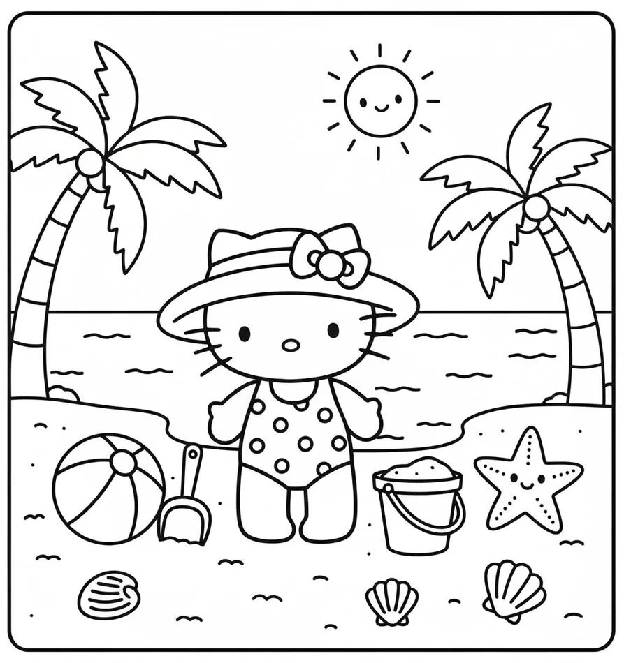 Hello Kitty En la playa Página para colorear