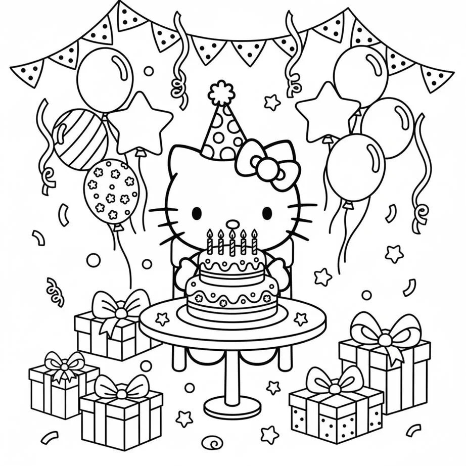 Hello Kitty Página para colorear de fiesta de cumpleaños
