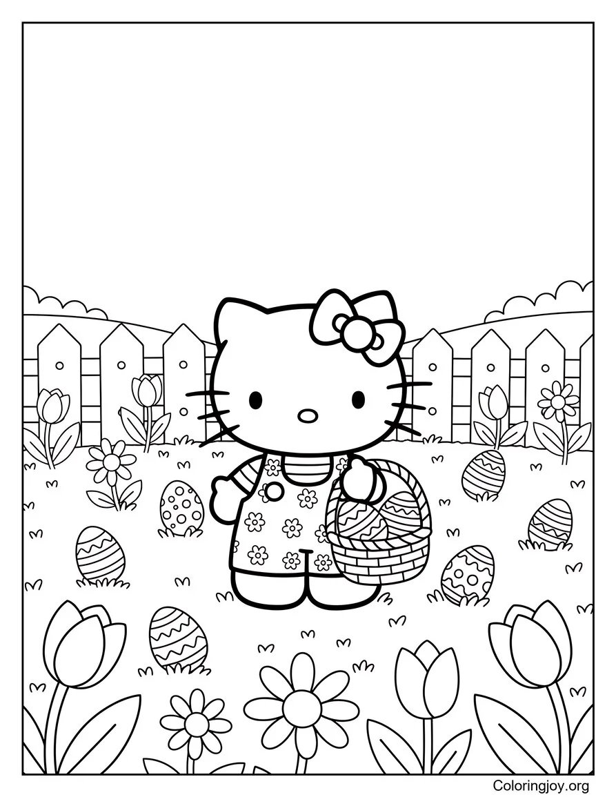 Hello Kitty Búsqueda de huevos de primavera en el jardín página para colorear
