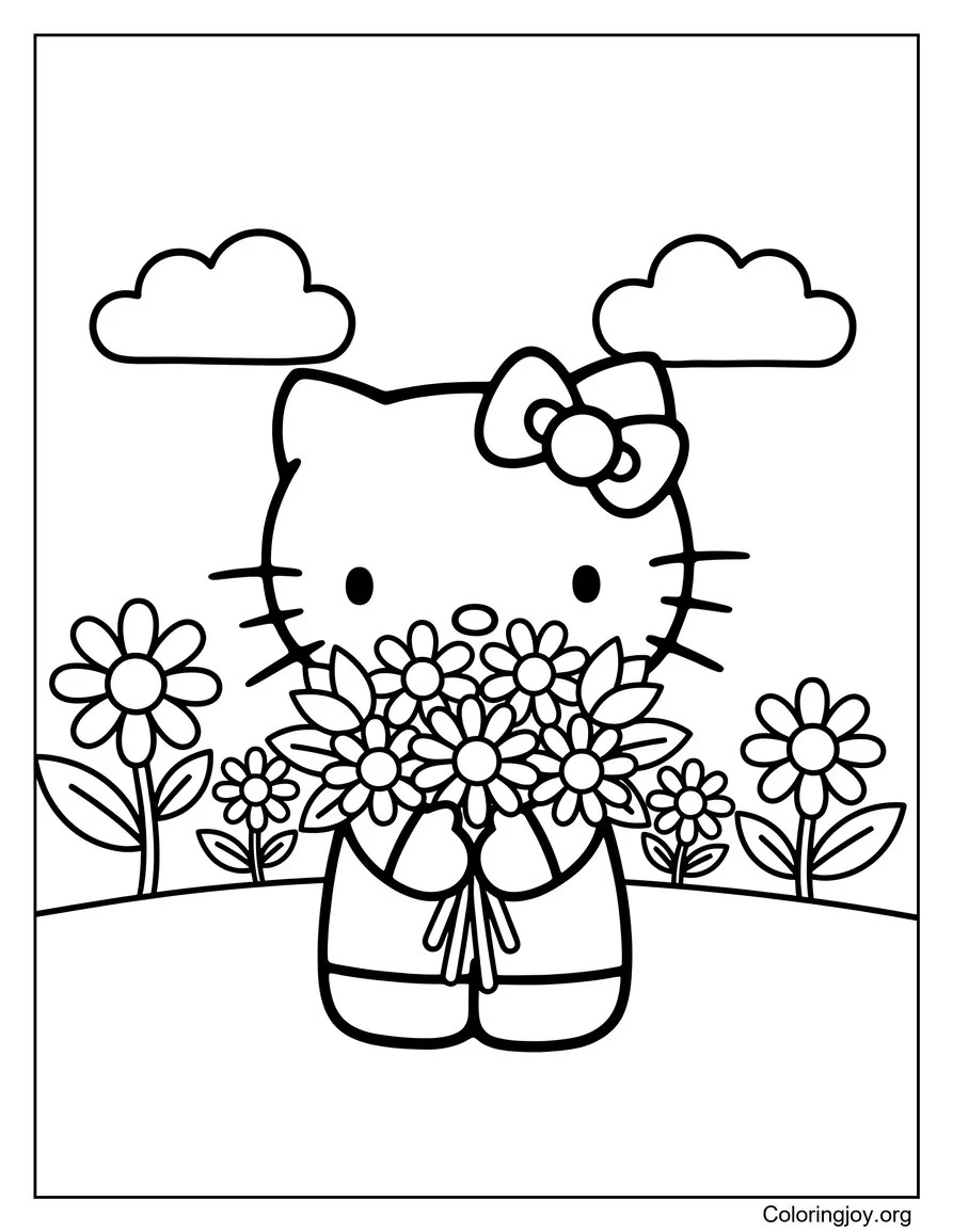 Hello Kitty Sosteniendo un ramo de primavera página para colorear