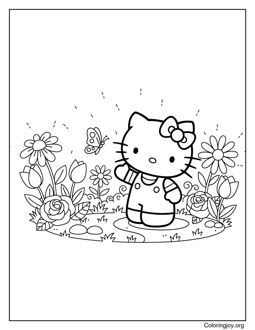 Jugando con una mariposa Hello Kitty Primavera página para colorear
