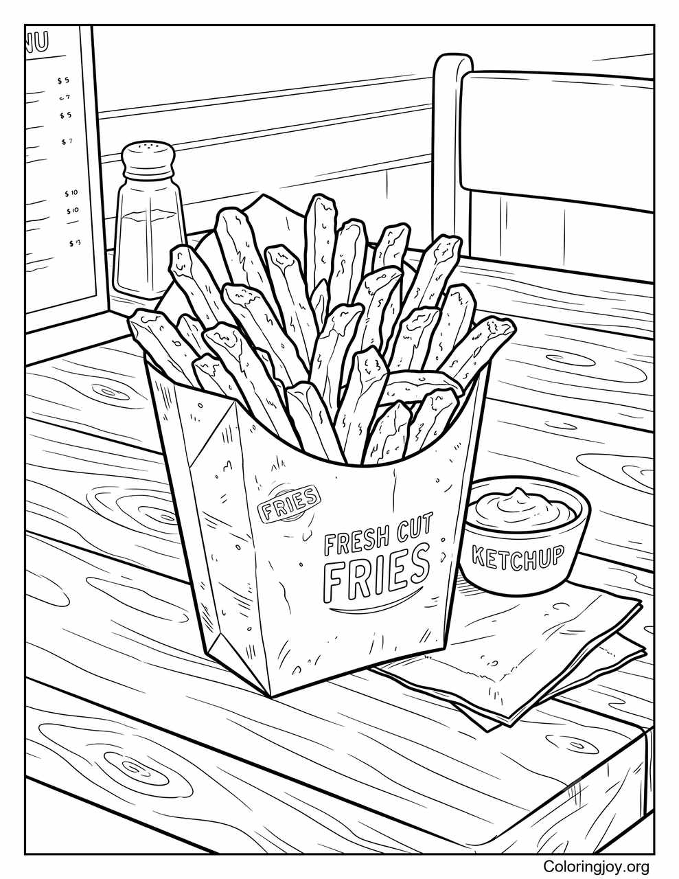 Piled high on the wooden board are some realistic-looking fries.