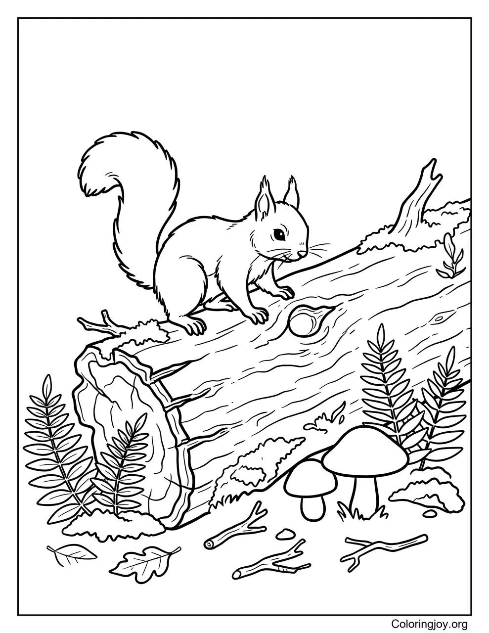 Squirrel Exploring a Fallen Log