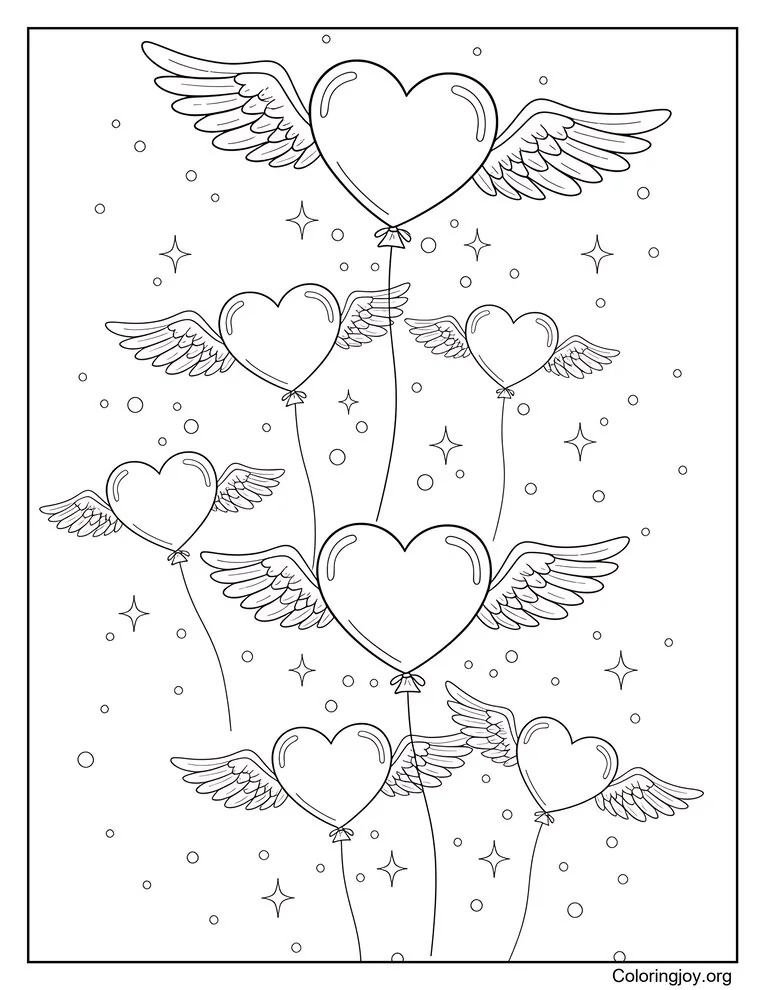 Globos de corazón de ángel volador página para colorear