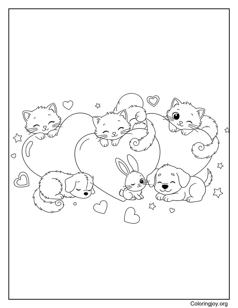 Animales que abrazan el corazón página para colorear
