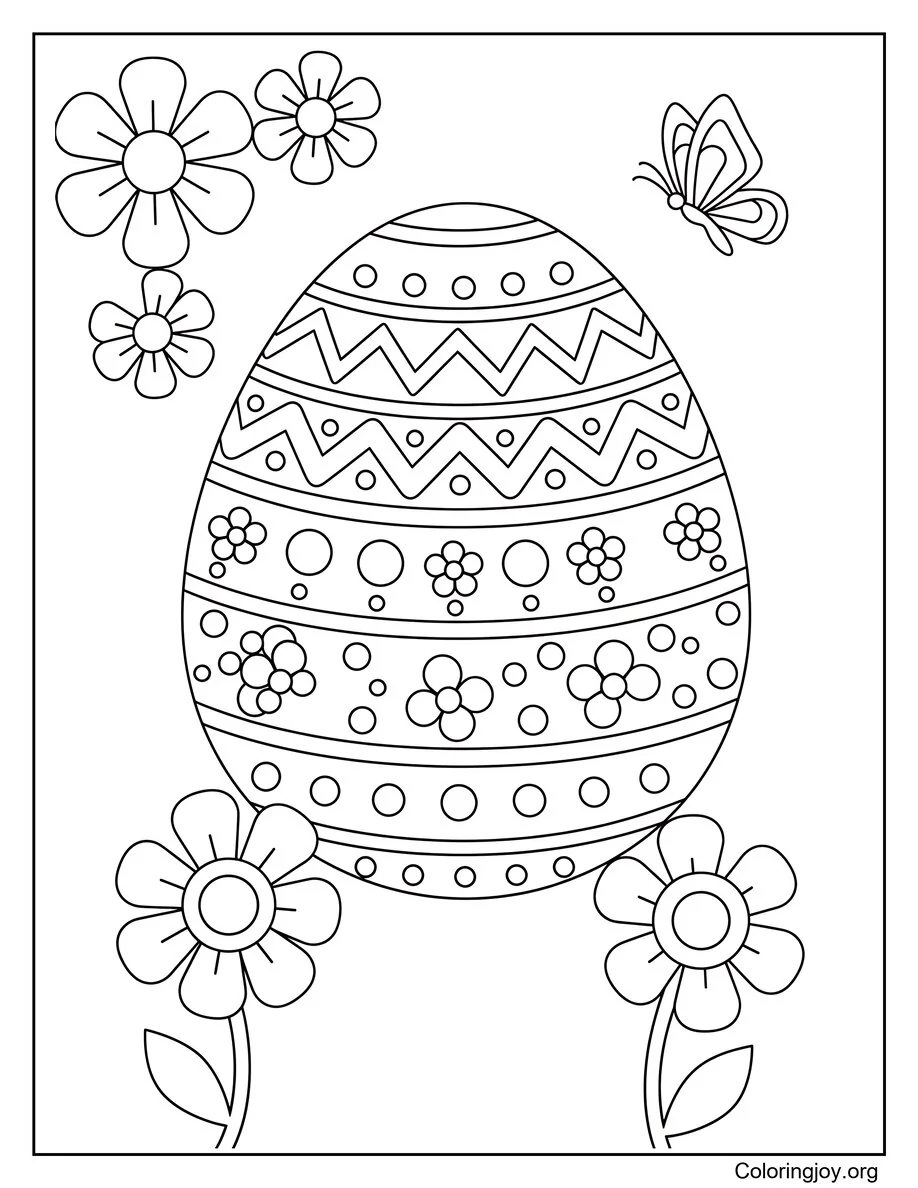 Flower-Themed Easter Egg Coloring Page
