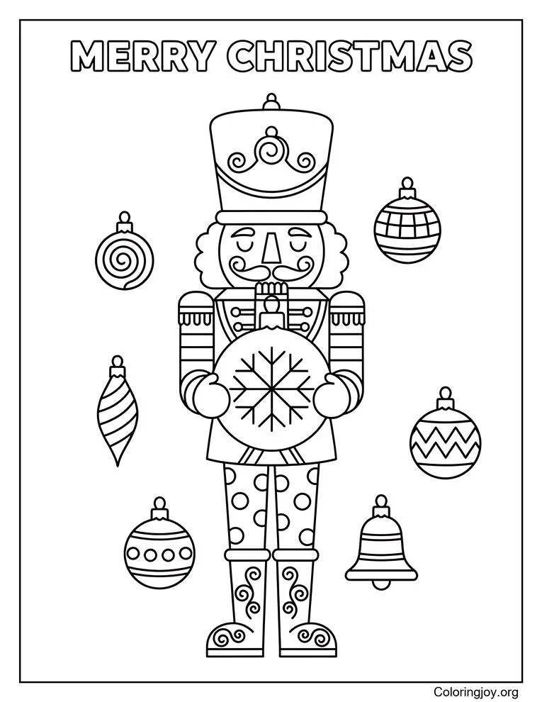 Majestic Nutcracker Soldier and Christmas Ornaments Coloring Page