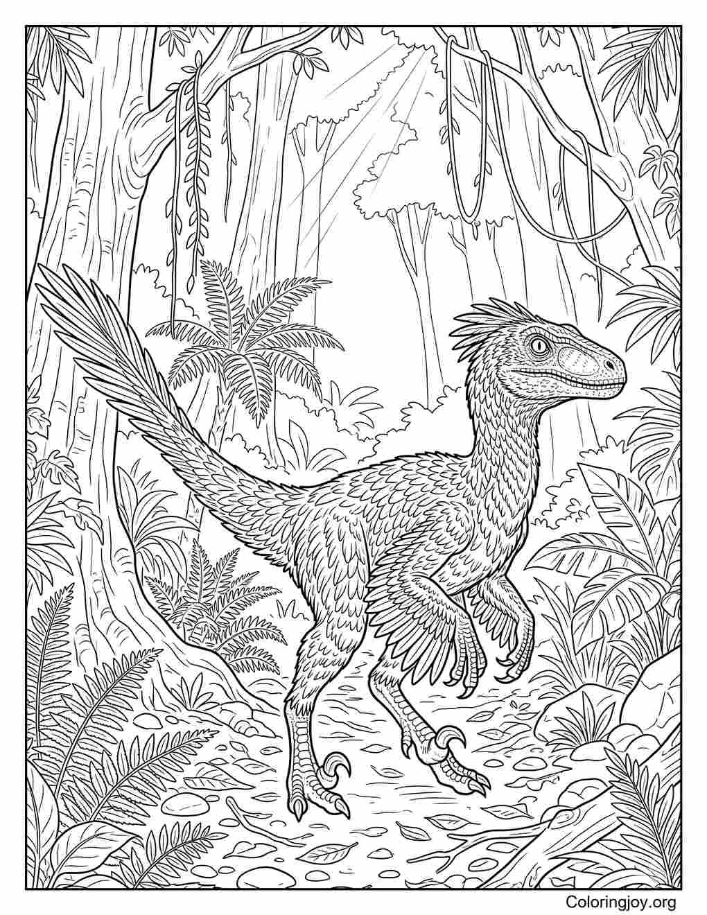 Realistic Feathered Velociraptor In The Jungle coloring page