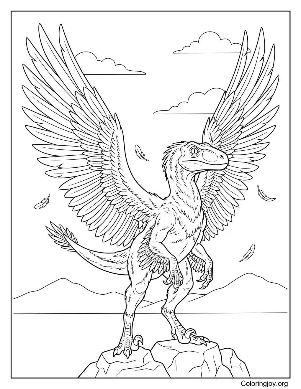 Velociraptor With Large Feather Wings coloring page