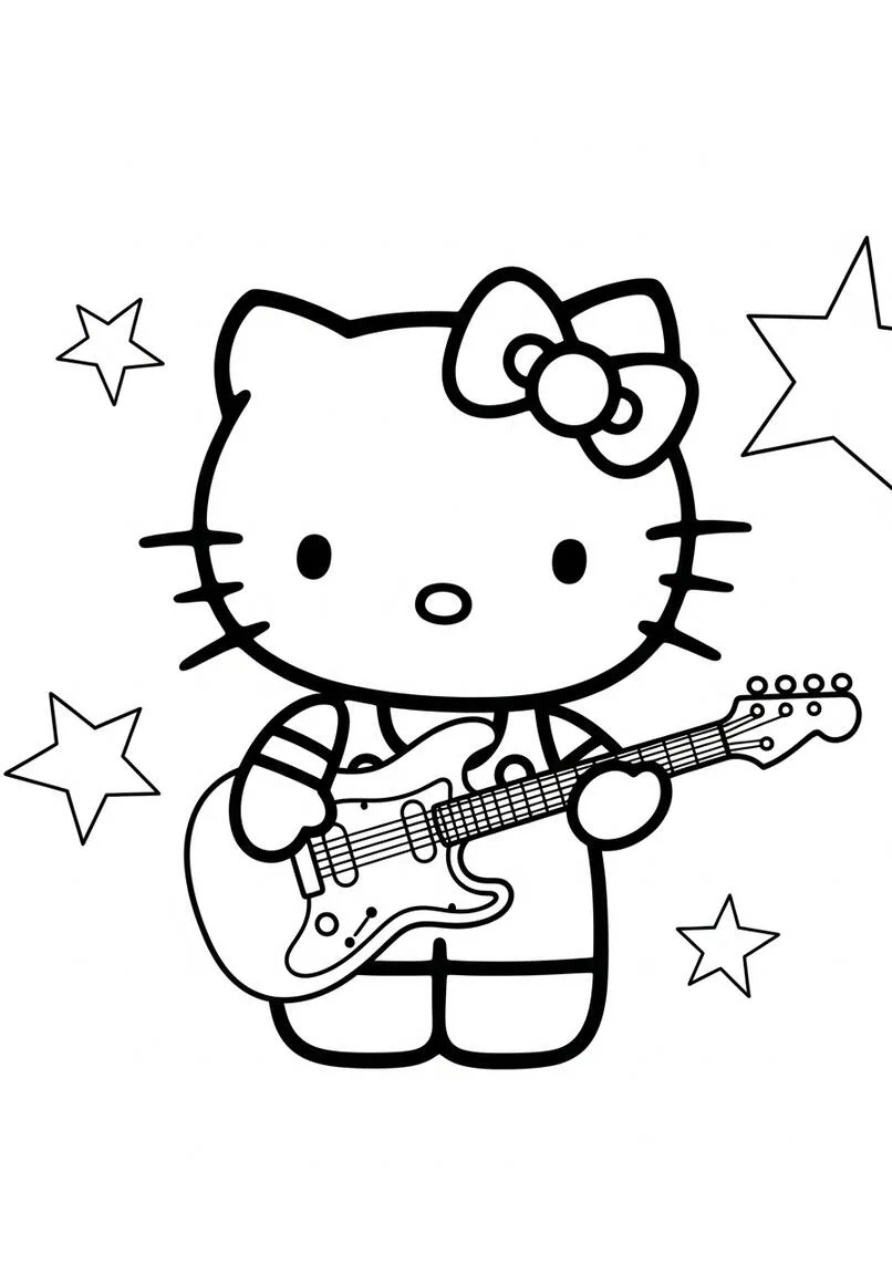 Hello Kitty Página para colorear de Rockstar con guitarra y arte lineal simple