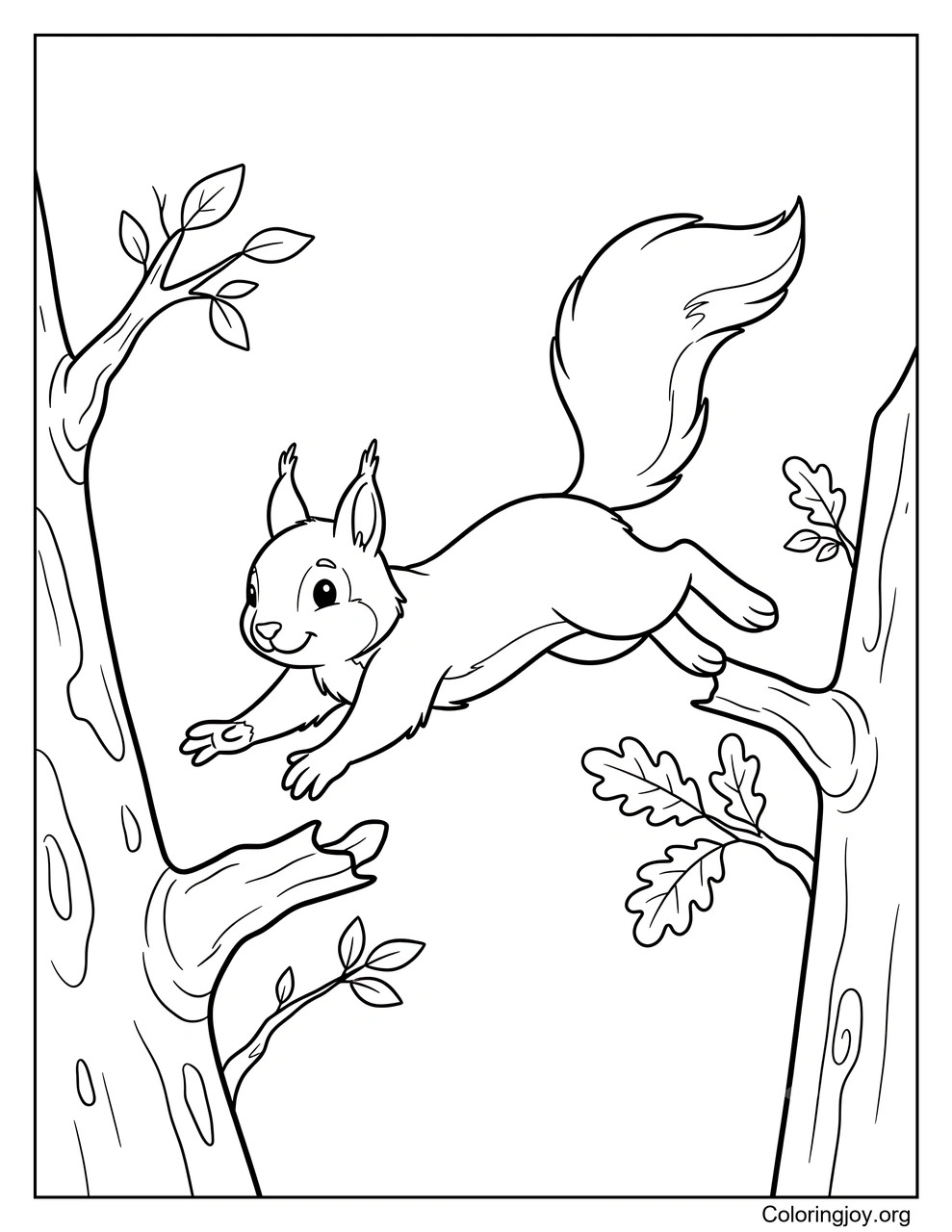 Squirrel Leaping Between Tree Branches coloring page