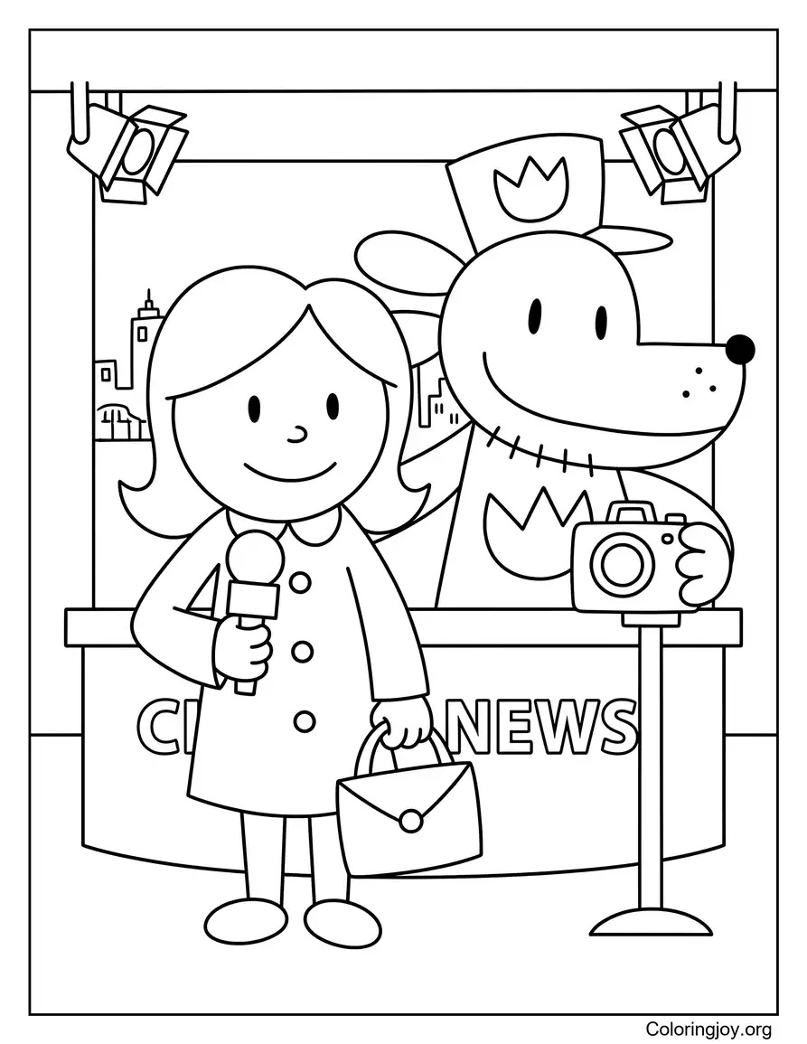 Sarah Hatoff reportando con Dog Man detrás página para colorear