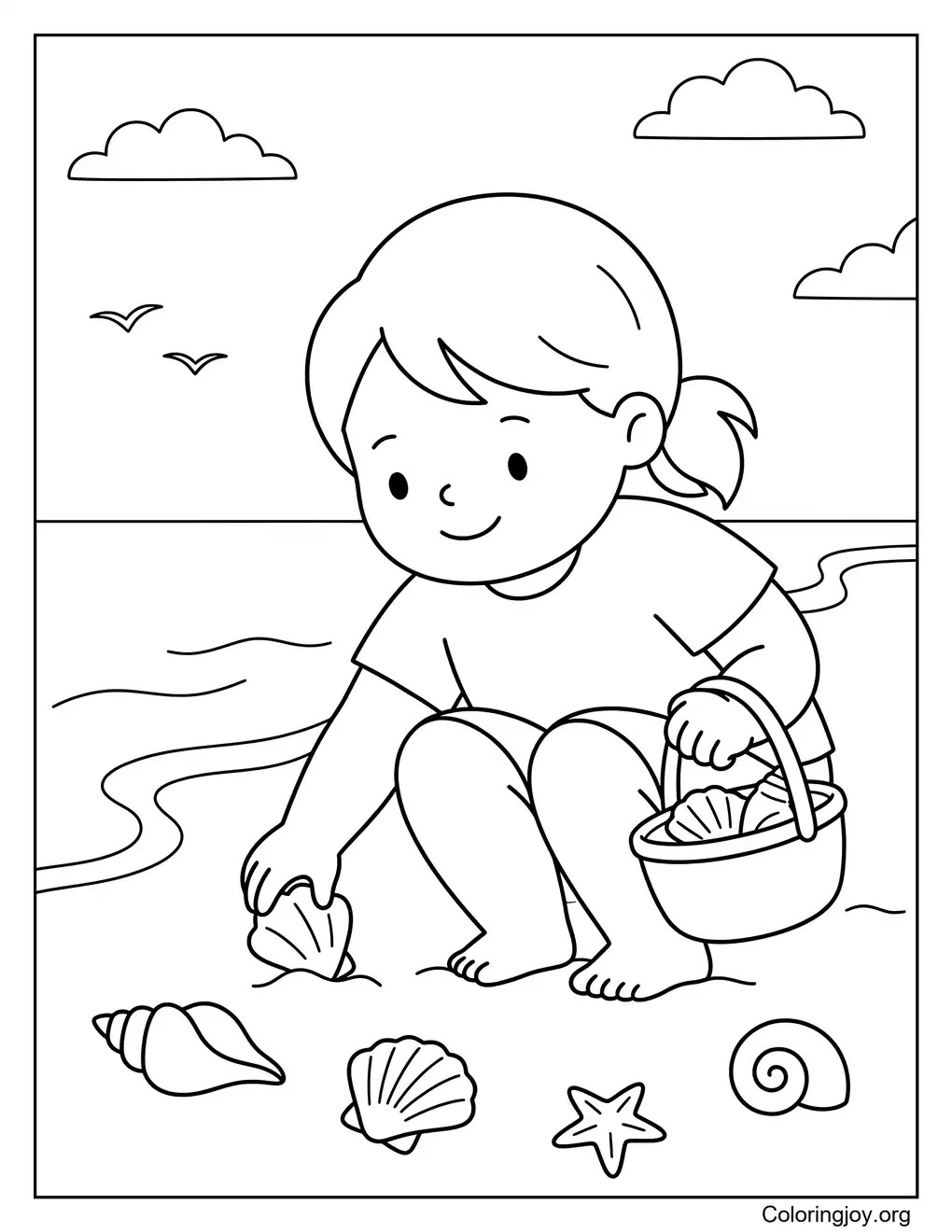 Seashell Hunt On The Beach Adventure Coloring Sheet coloring page