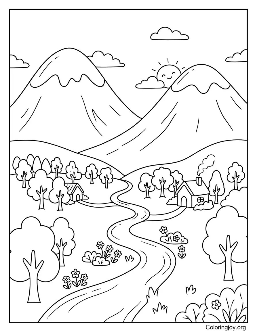 Mountain Valley Peaceful Scene coloring page