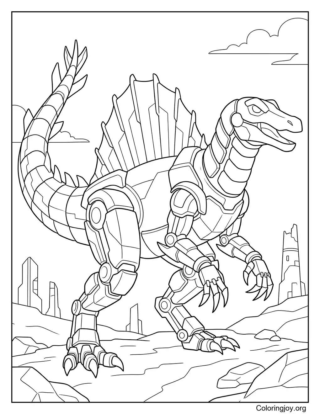 Malvorlage Roboter-Spinosaurus mit mechanischer Rüstung