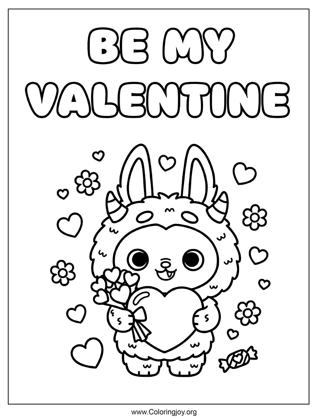 Sé mi San Valentín Labubu página para colorear