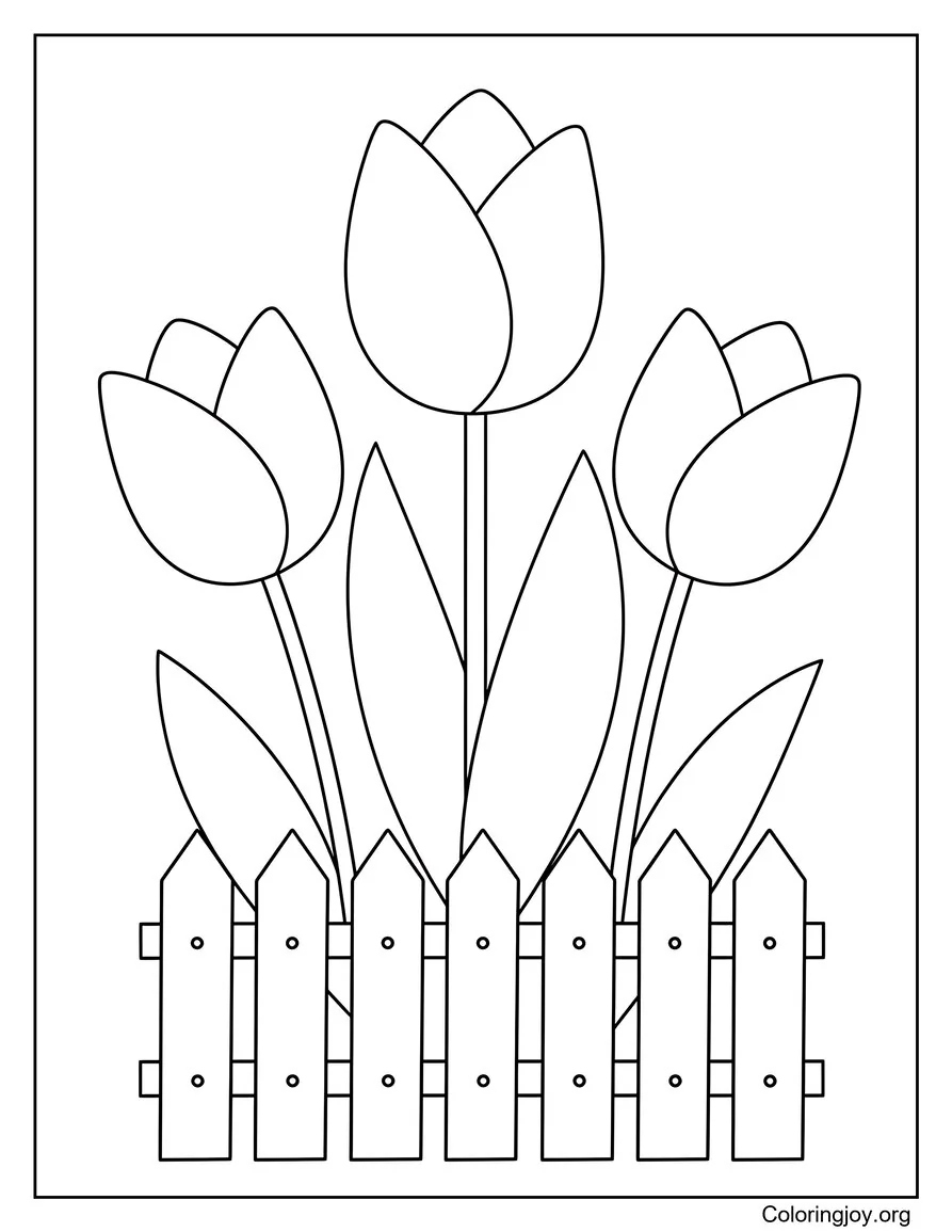 de flores de primavera junto a una pequeña valla página para colorear