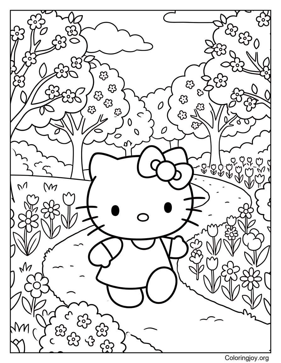 Hello Kitty en un columpio de árbol en primavera página para colorear