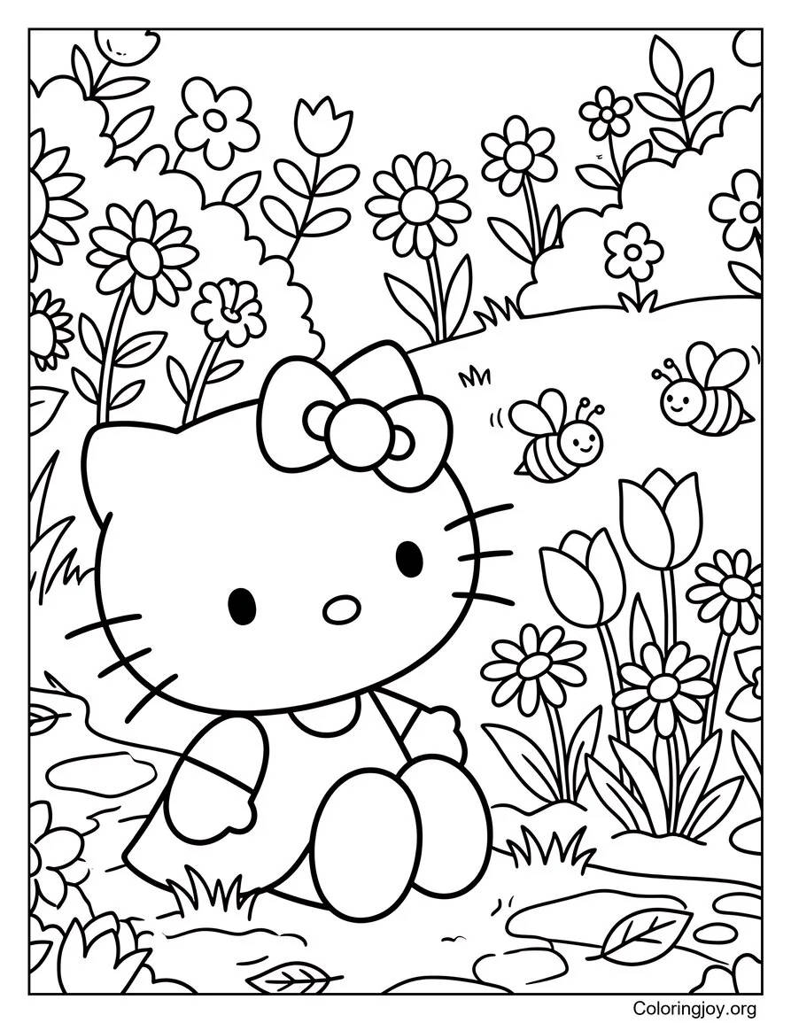 Caminando por un jardín de flores con Hello Kitty página para colorear