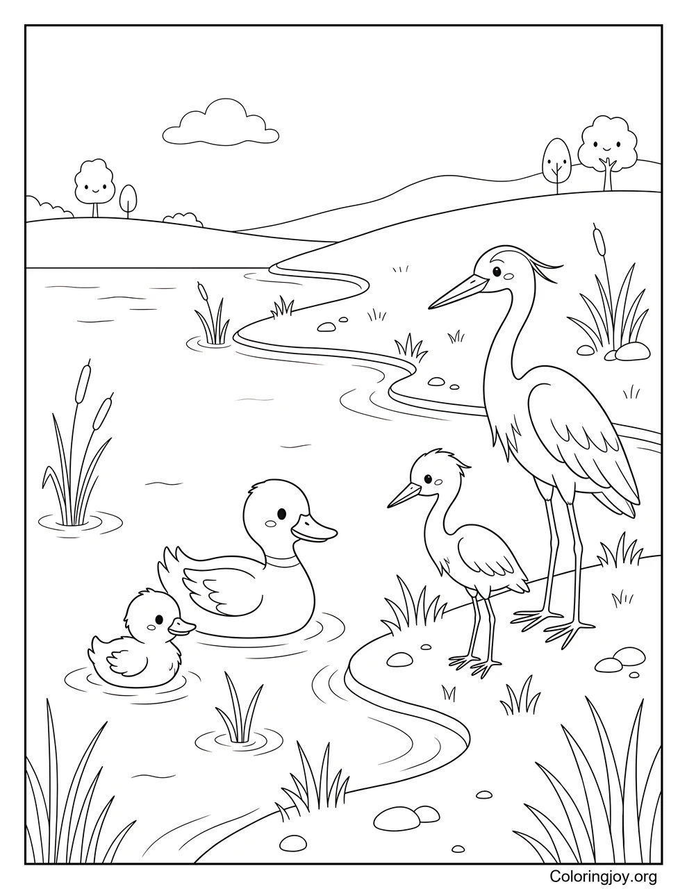 Wasservögel versammeln sich neben einem See.